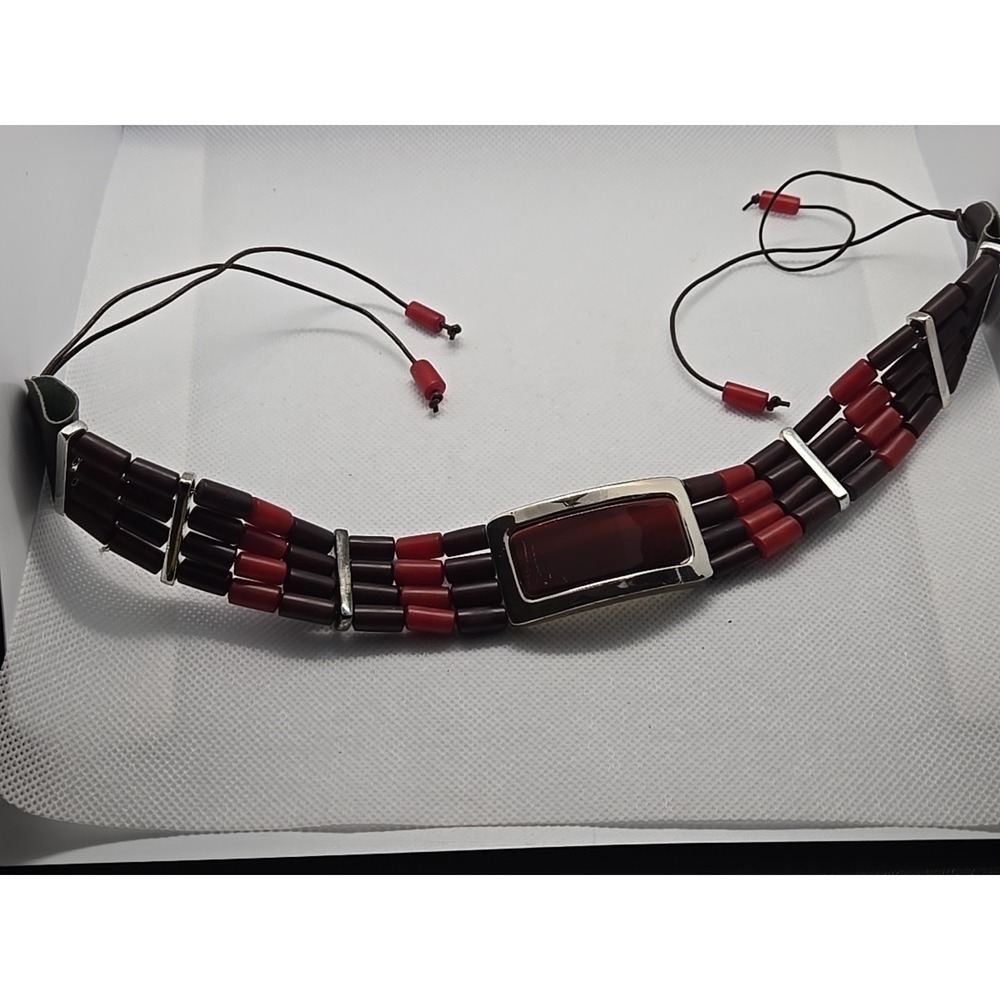 DESIGNER NINE WEST RED BROWN BEADED Burgundy CENTER 1" W‎ TRIBAL CHOKER Necklace